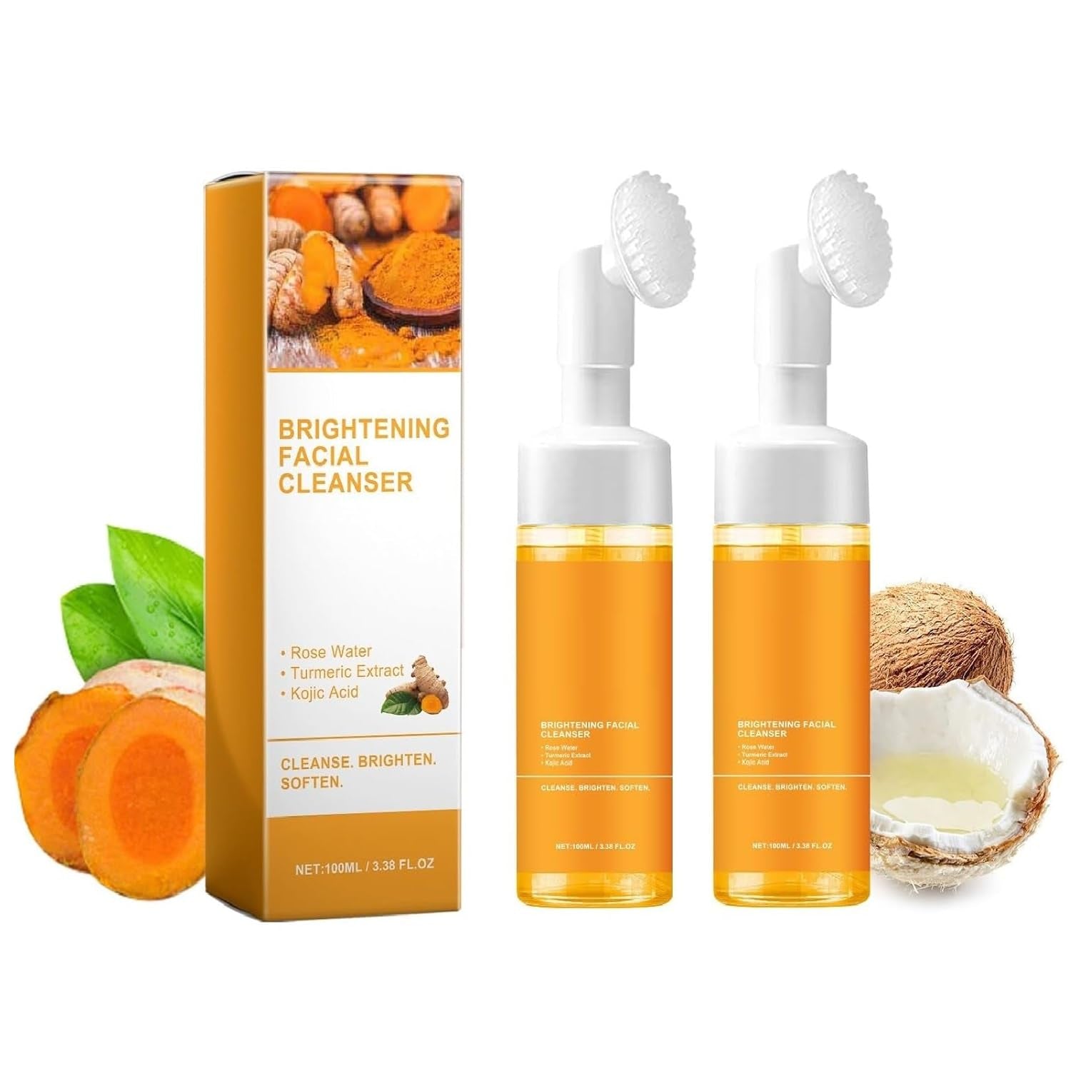 2 Pcs Turmeric Face Wash, Gentle Scrub Exfoliating Deep Cleaning Glow Wash Turmeric Face Wash with Brush.